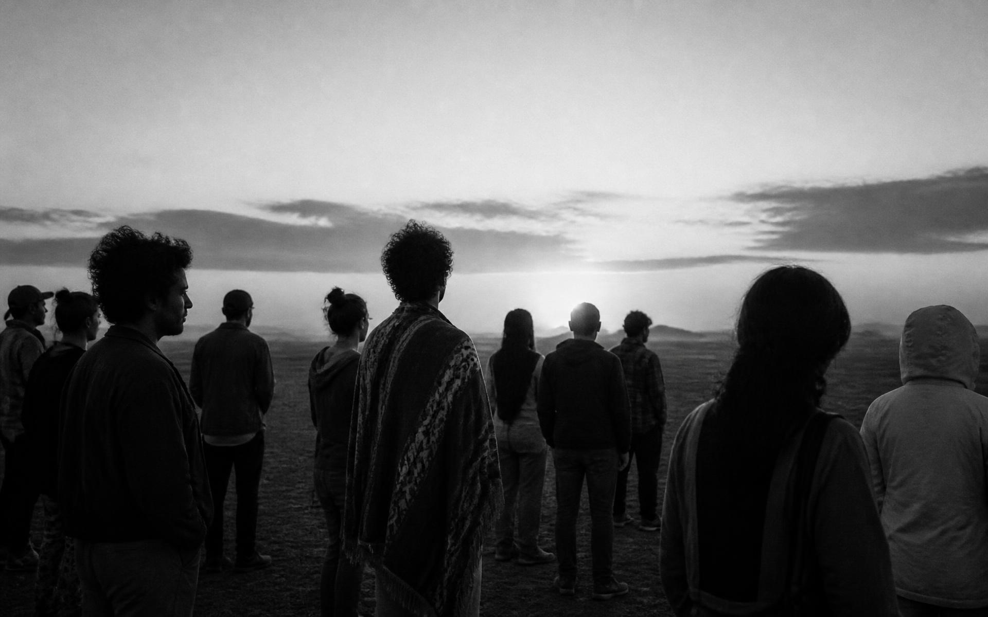 Leaders standing together on open ground at first light